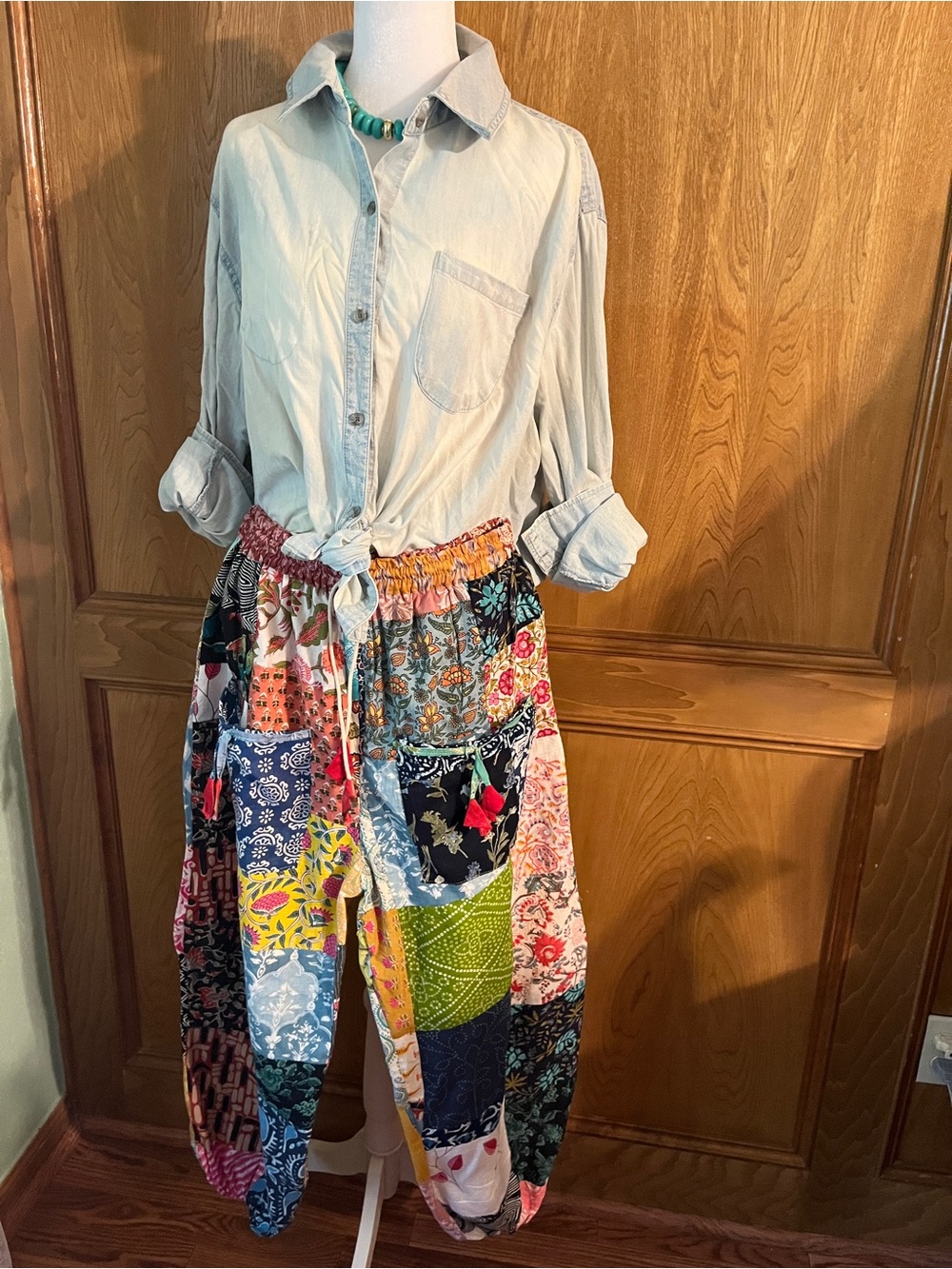 Sz L Patchwork Boho Harem Pants - Multicolor